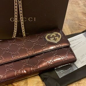 Gucci Metallic Brown Wallet with Gold Chain